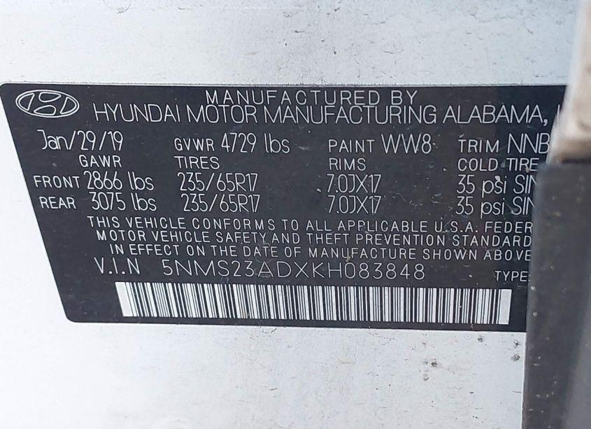 Photo 9 of 2019 Hyundai Santa FE SE (VIN 5NMS23ADXKH083848)