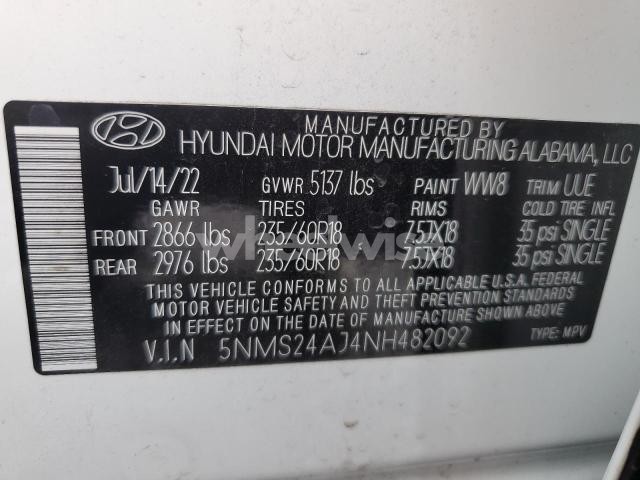 Photo 8 of 2022 HYUNDAI SANTA FE SEL (VIN 5NMS24AJ4NH482092)