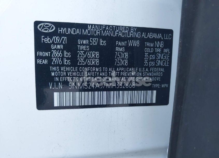Photo 9 of 2021 Hyundai Santa FE SEL (VIN 5NMS24AJ7MH332668)