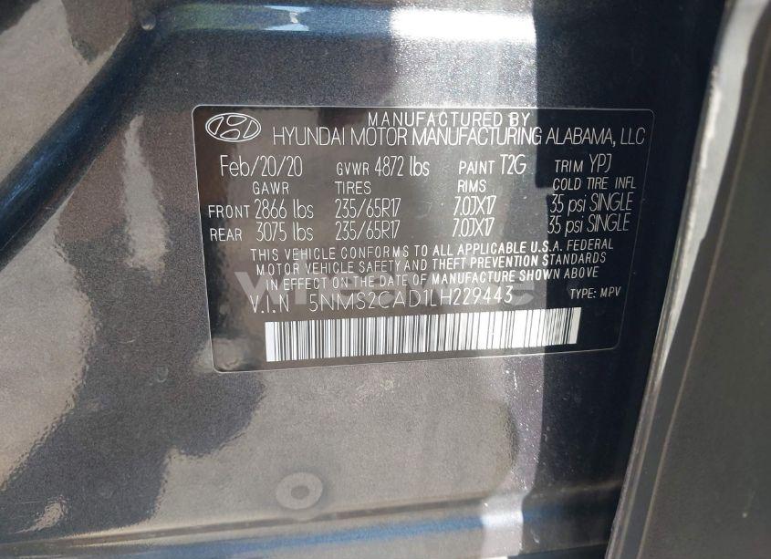 Photo 9 of 2020 Hyundai Santa FE SE (VIN 5NMS2CAD1LH229443)