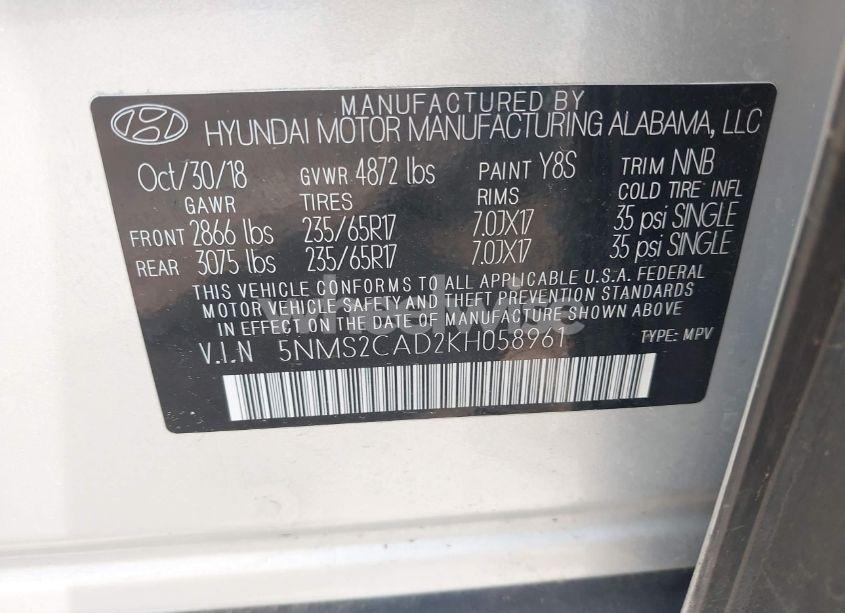 Photo 9 of 2019 Hyundai Santa FE SE (VIN 5NMS2CAD2KH058961)