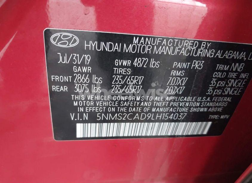 Photo 9 of 2020 Hyundai Santa FE SE (VIN 5NMS2CAD9LH154037)