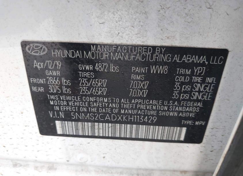 Photo 9 of 2019 Hyundai Santa FE SE (VIN 5NMS2CADXKH113429)