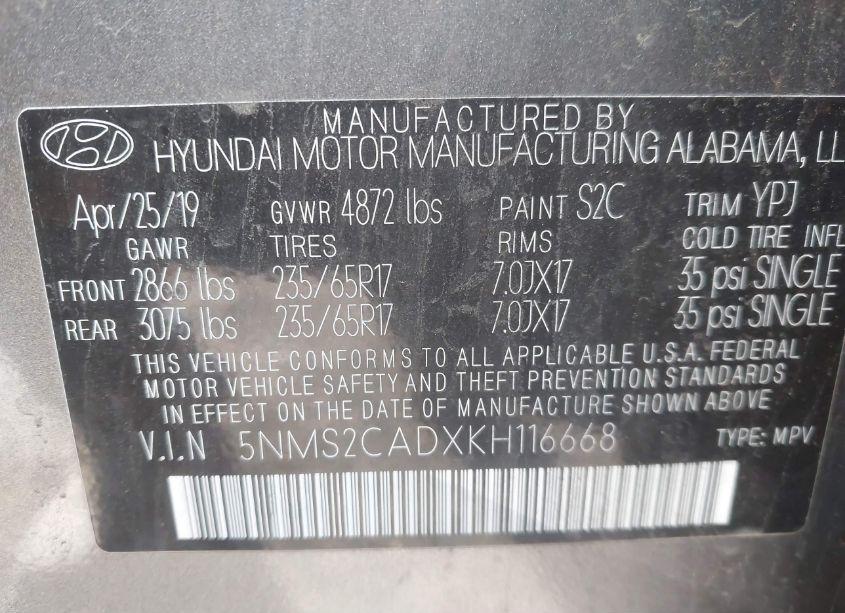 Photo 9 of 2019 Hyundai Santa FE SE (VIN 5NMS2CADXKH116668)