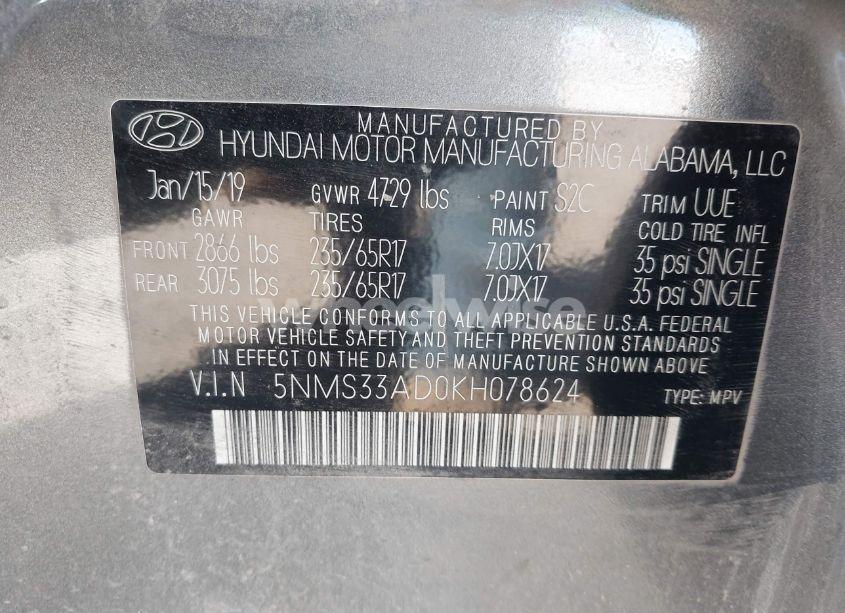 Photo 9 of 2019 Hyundai Santa FE SEL (VIN 5NMS33AD0KH078624)