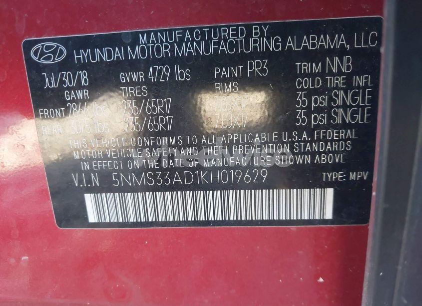 Photo 9 of 2019 Hyundai Santa FE SEL (VIN 5NMS33AD1KH019629)