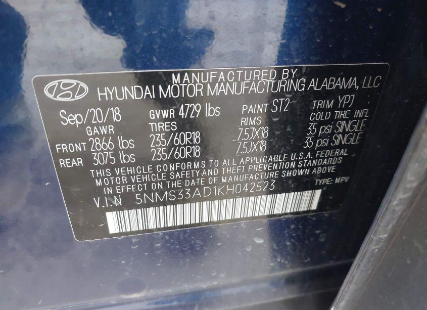 Photo 9 of 2019 Hyundai Santa FE SEL PLUS (VIN 5NMS33AD1KH042523)