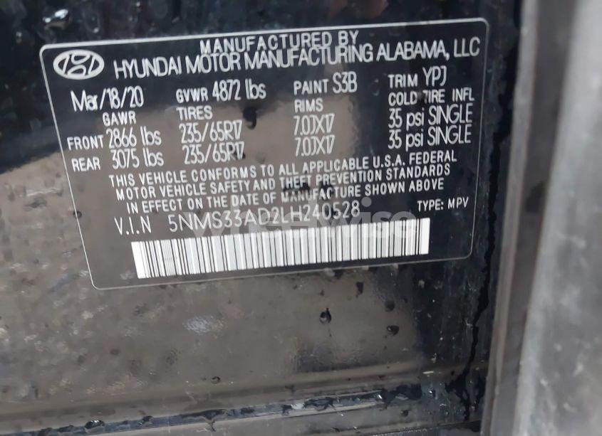 Photo 9 of 2020 Hyundai Santa FE SEL (VIN 5NMS33AD2LH240528)