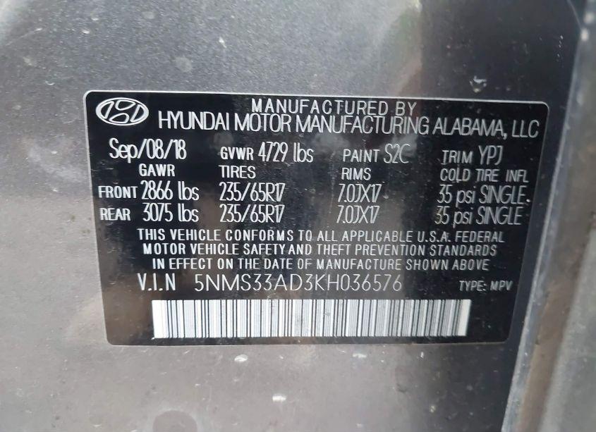 Photo 9 of 2019 Hyundai Santa FE SEL (VIN 5NMS33AD3KH036576)