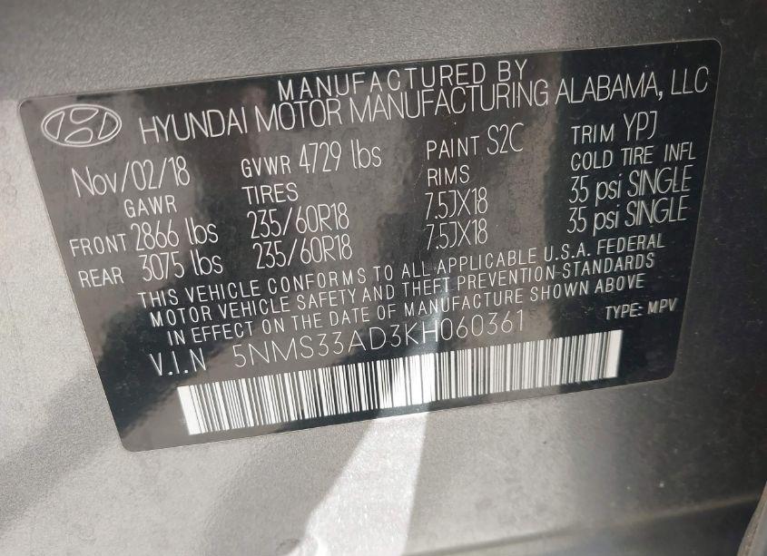 Photo 9 of 2019 Hyundai Santa FE SEL PLUS (VIN 5NMS33AD3KH060361)