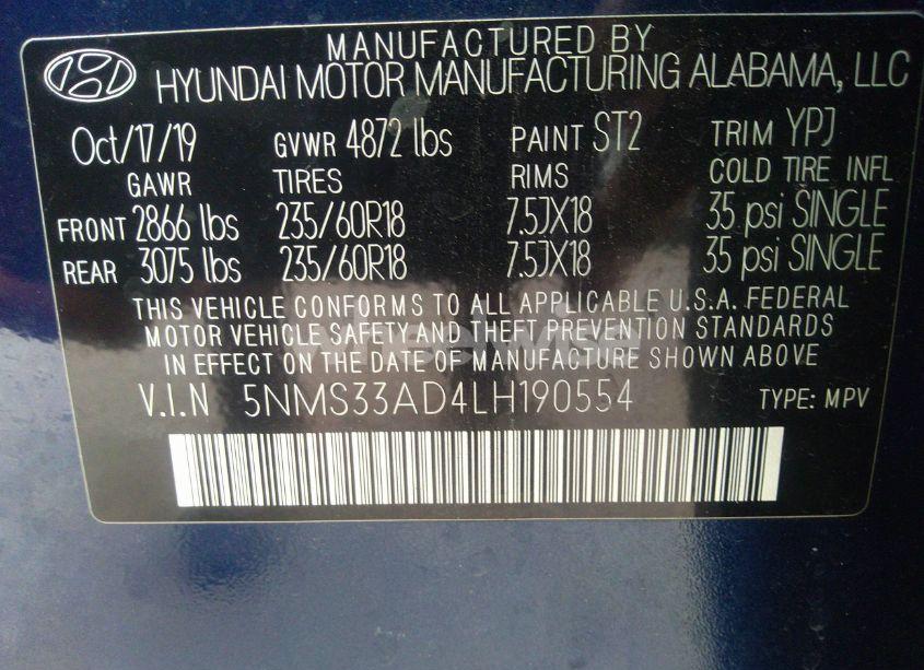 Photo 9 of 2020 Hyundai Santa FE SEL (VIN 5NMS33AD4LH190554)