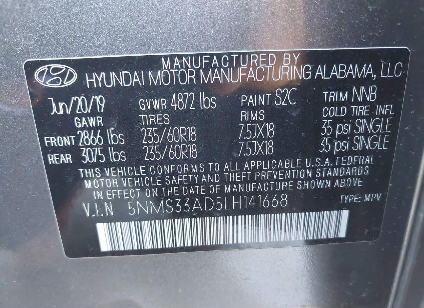 Photo 9 of 2020 Hyundai Santa FE SEL (VIN 5NMS33AD5LH141668)