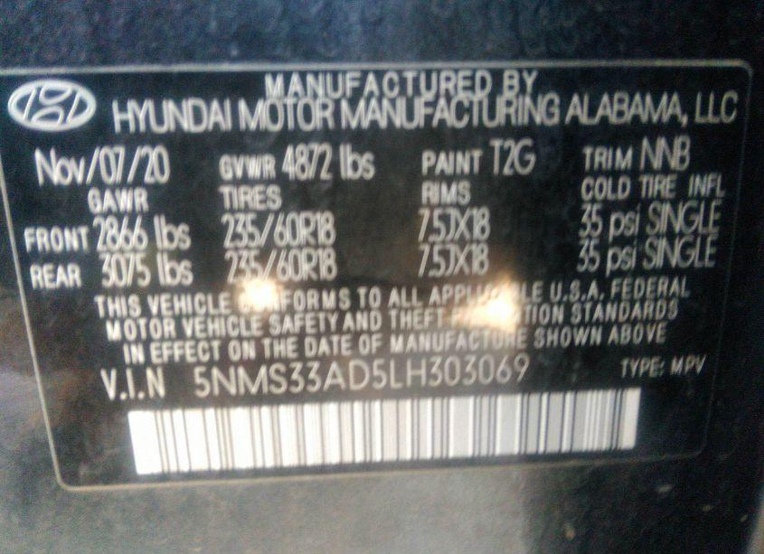 Photo 9 of 2020 Hyundai Santa FE SEL (VIN 5NMS33AD5LH303069)