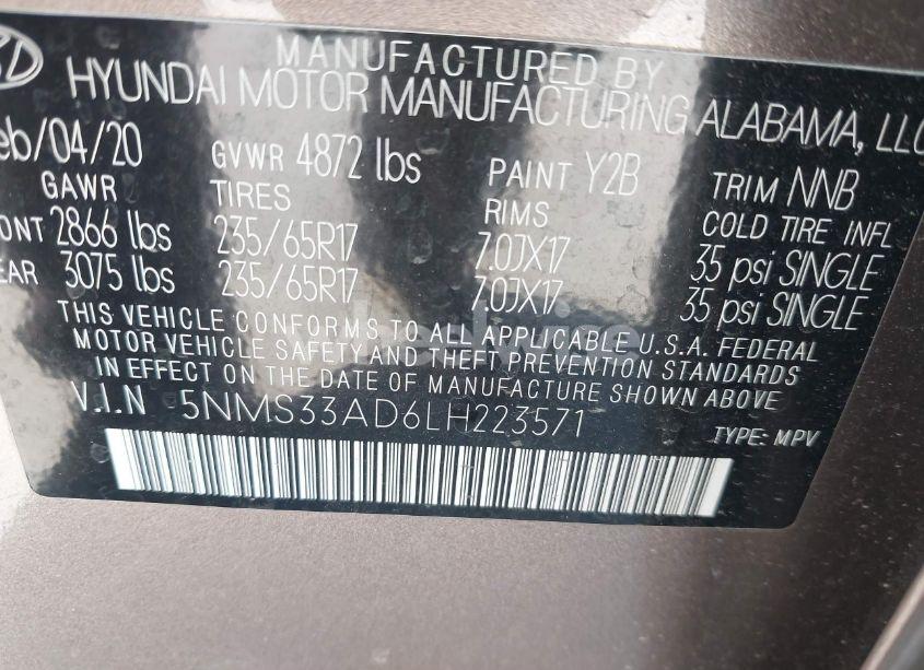 Photo 9 of 2020 Hyundai Santa FE SEL (VIN 5NMS33AD6LH223571)