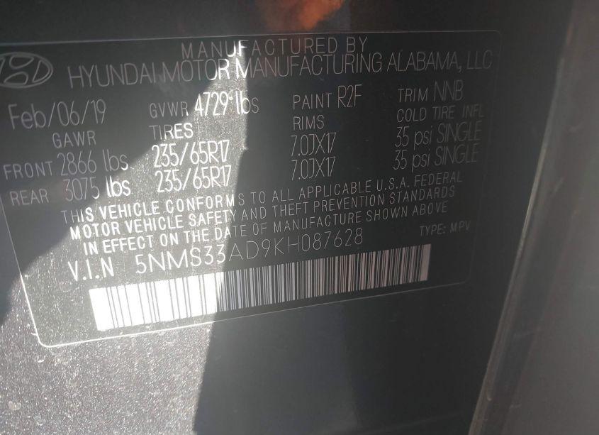 Photo 9 of 2019 Hyundai Santa FE SEL (VIN 5NMS33AD9KH087628)