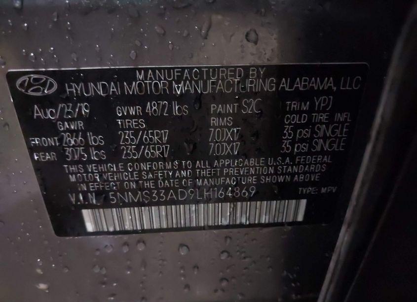 Photo 9 of 2020 Hyundai Santa FE SEL (VIN 5NMS33AD9LH164869)