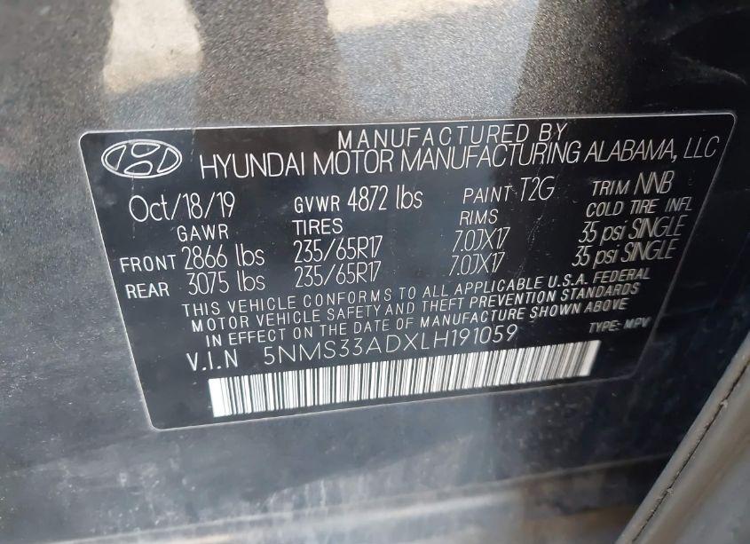 Photo 9 of 2020 Hyundai Santa FE SEL (VIN 5NMS33ADXLH191059)