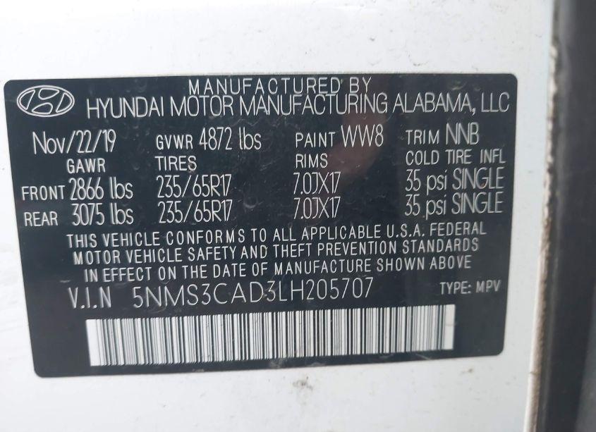 Photo 9 of 2020 Hyundai Santa FE SEL (VIN 5NMS3CAD3LH205707)