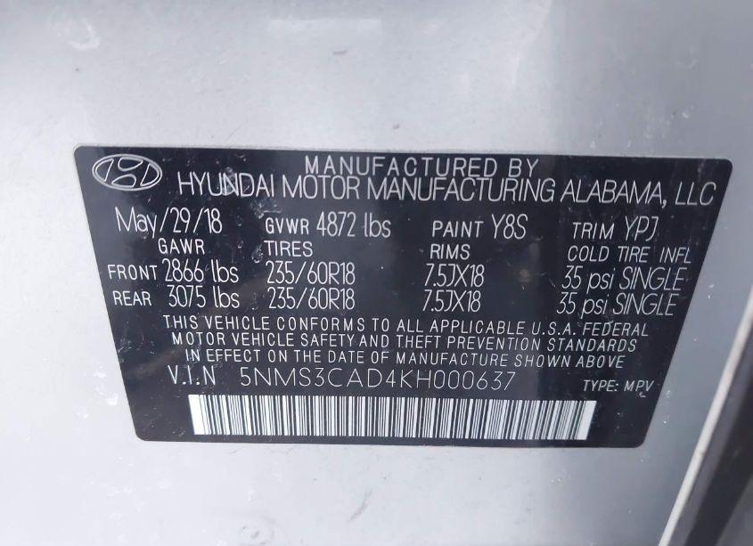 Photo 9 of 2019 Hyundai Santa FE SEL PLUS (VIN 5NMS3CAD4KH000637)