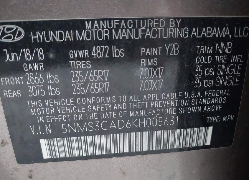 Photo 9 of 2019 Hyundai Santa FE SEL (VIN 5NMS3CAD6KH005631)