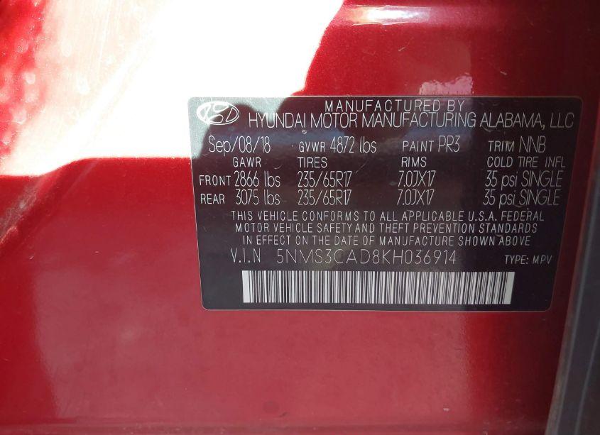 Photo 9 of 2019 Hyundai Santa FE SEL (VIN 5NMS3CAD8KH036914)