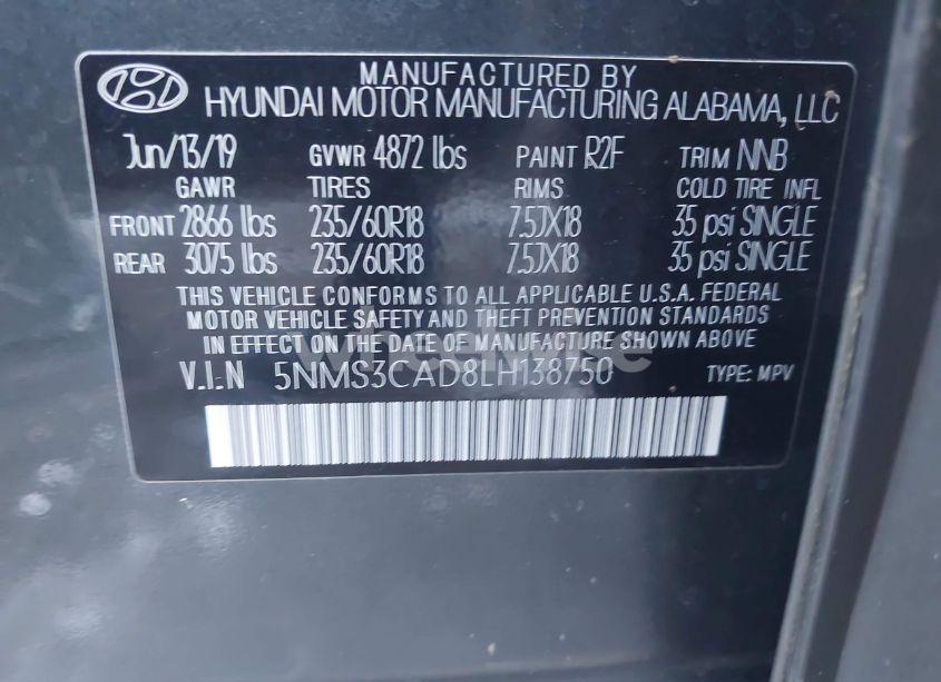Photo 9 of 2020 Hyundai Santa FE SEL (VIN 5NMS3CAD8LH138750)