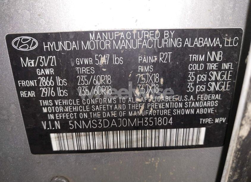 Photo 9 of 2021 Hyundai Santa FE SEL (VIN 5NMS3DAJ0MH351804)