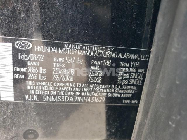 Photo 7 of 2022 HYUNDAI SANTA FE SEL (VIN 5NMS3DAJ1NH431629)