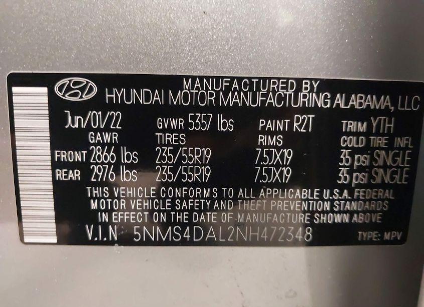 Photo 9 of 2022 Hyundai Santa FE LIMITED (VIN 5NMS4DAL2NH472348)