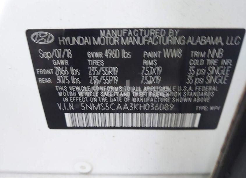 Photo 9 of 2019 Hyundai Santa FE LIMITED 2.0T (VIN 5NMS5CAA3KH036089)