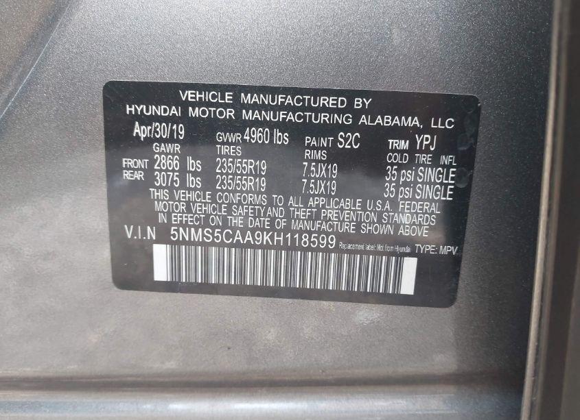 Photo 9 of 2019 Hyundai Santa FE LIMITED 2.0T (VIN 5NMS5CAA9KH118599)