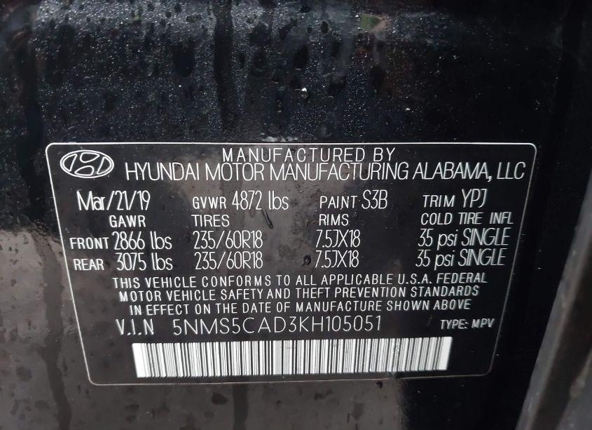 Photo 9 of 2019 Hyundai Santa FE LIMITED (VIN 5NMS5CAD3KH105051)