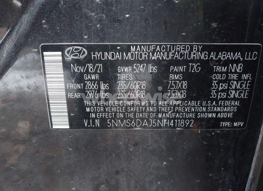 Photo 9 of 2022 Hyundai Santa FE XRT (VIN 5NMS6DAJ5NH411892)