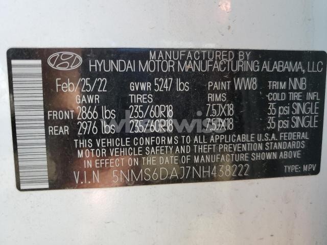 Photo 7 of 2022 HYUNDAI SANTA FE SEL (VIN 5NMS6DAJ7NH438222)