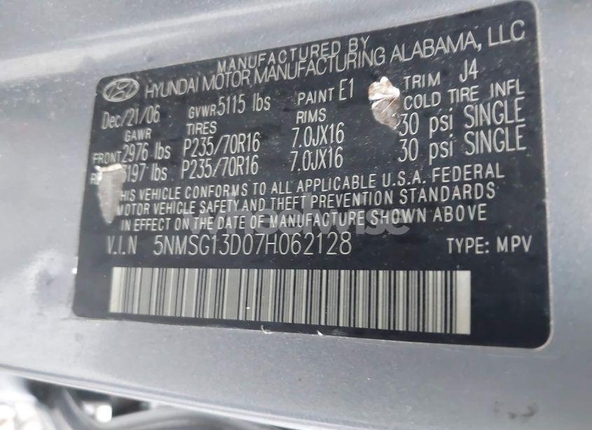 Photo 9 of 2007 Hyundai Santa FE GLS (VIN 5NMSG13D07H062128)