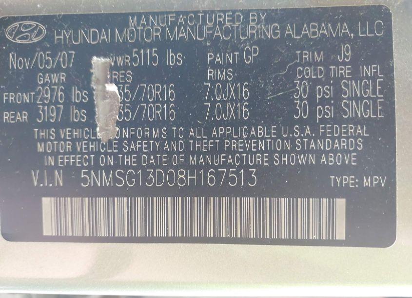 Photo 9 of 2008 Hyundai Santa FE GLS (VIN 5NMSG13D08H167513)