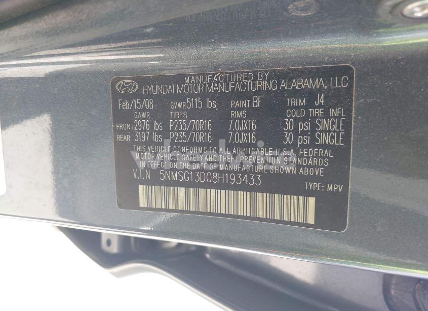 Photo 9 of 2008 Hyundai Santa FE GLS (VIN 5NMSG13D08H193433)