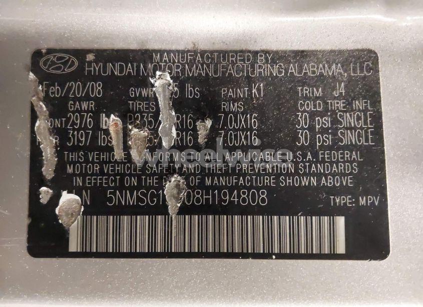 Photo 9 of 2008 Hyundai Santa FE GLS (VIN 5NMSG13D08H194808)