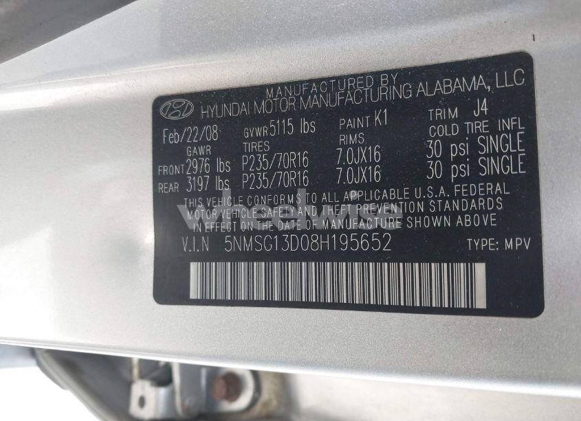 Photo 9 of 2008 Hyundai Santa FE GLS (VIN 5NMSG13D08H195652)