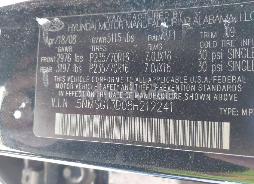 Photo 9 of 2008 Hyundai Santa FE GLS (VIN 5NMSG13D08H212241)