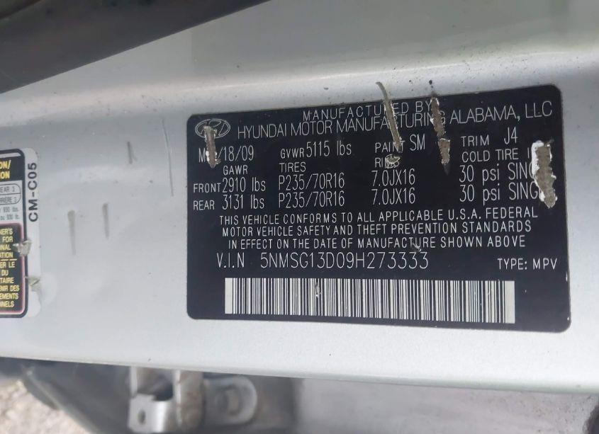 Photo 9 of 2009 Hyundai Santa FE GLS (VIN 5NMSG13D09H273333)