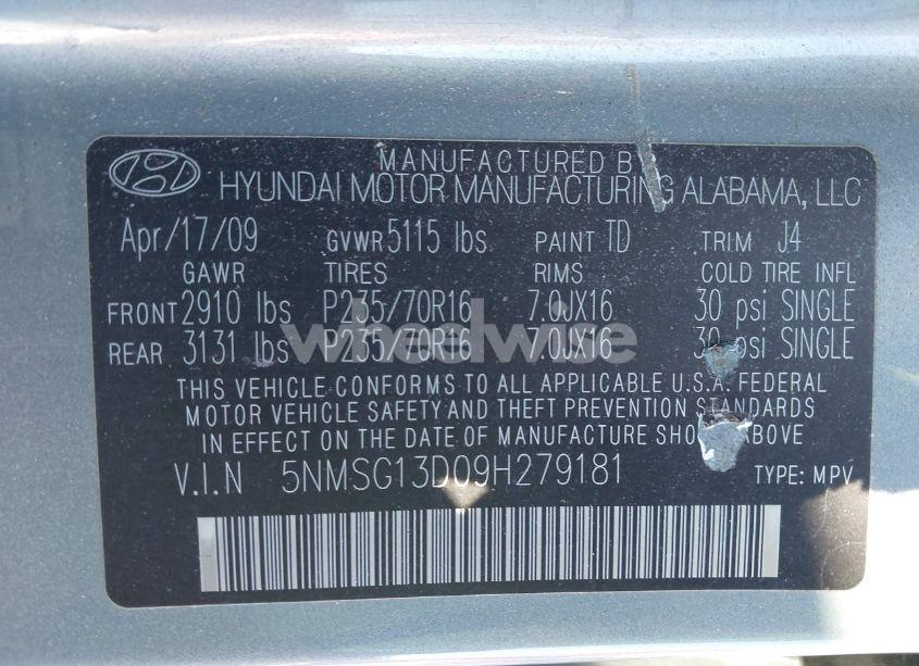 Photo 9 of 2009 Hyundai Santa FE GLS (VIN 5NMSG13D09H279181)