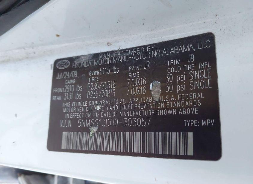 Photo 9 of 2009 Hyundai Santa FE GLS (VIN 5NMSG13D09H303057)