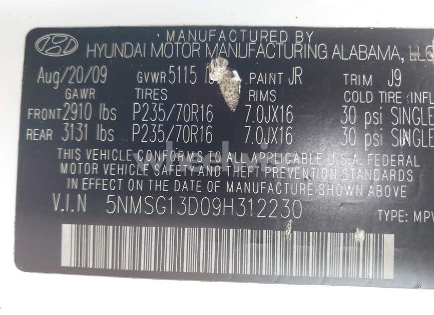 Photo 9 of 2009 Hyundai Santa FE GLS (VIN 5NMSG13D09H312230)