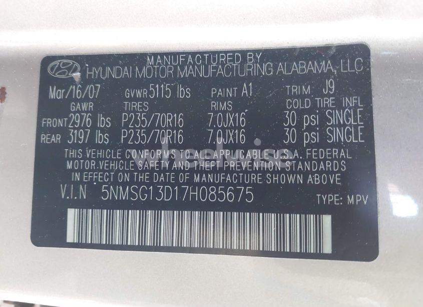 Photo 9 of 2007 Hyundai Santa FE GLS (VIN 5NMSG13D17H085675)