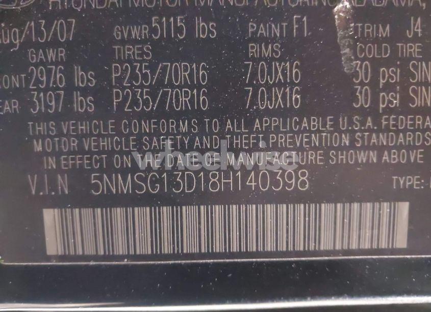 Photo 9 of 2008 Hyundai Santa FE GLS (VIN 5NMSG13D18H140398)