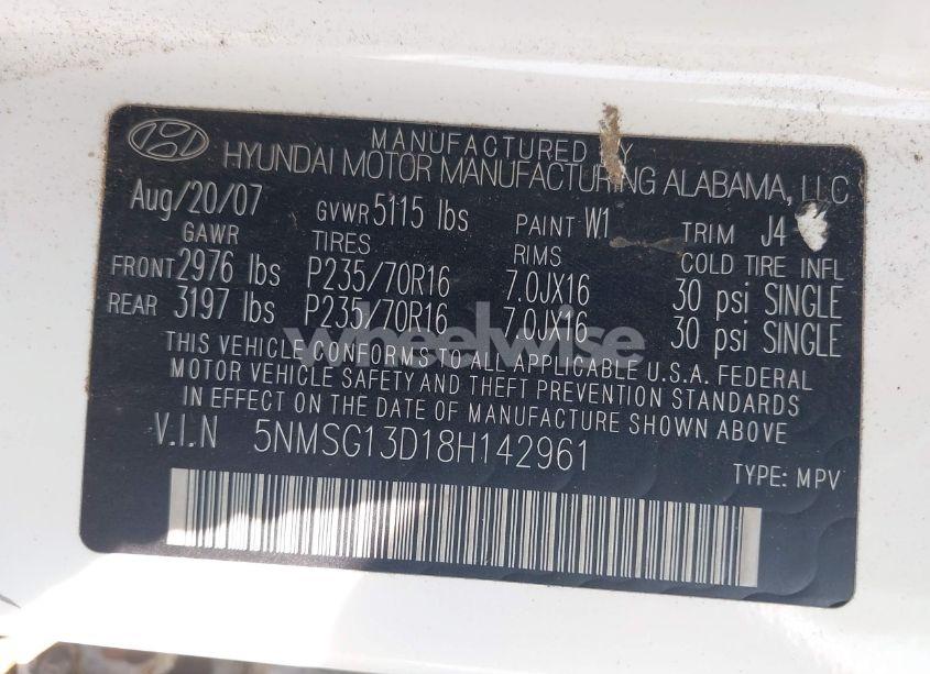 Photo 9 of 2008 Hyundai Santa FE GLS (VIN 5NMSG13D18H142961)