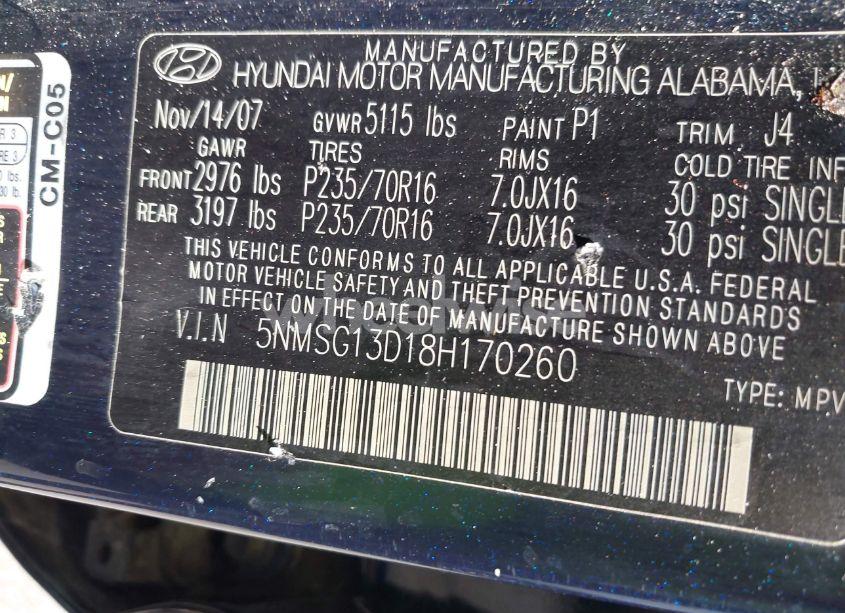 Photo 9 of 2008 Hyundai Santa FE GLS (VIN 5NMSG13D18H170260)