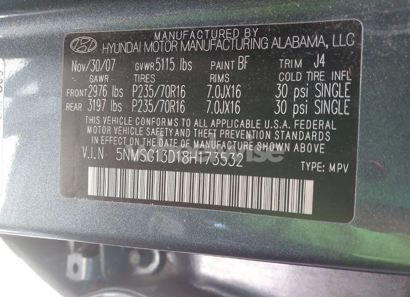 Photo 9 of 2008 Hyundai Santa FE GLS (VIN 5NMSG13D18H173532)