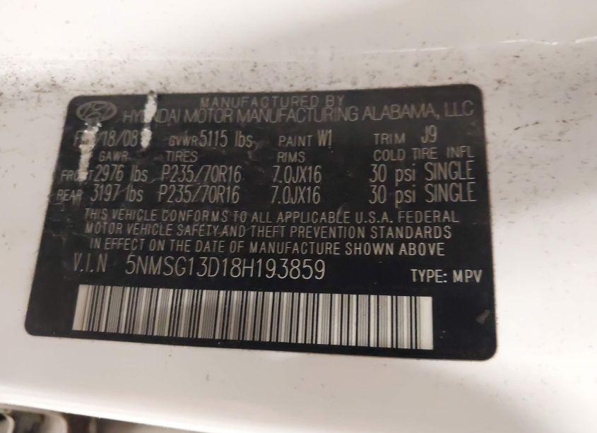 Photo 9 of 2008 Hyundai Santa FE GLS (VIN 5NMSG13D18H193859)